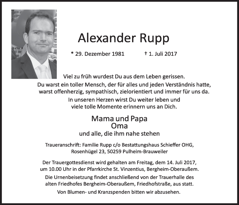  Traueranzeige für Alexander Rupp vom 08.07.2017 aus  Sonntags-Post 