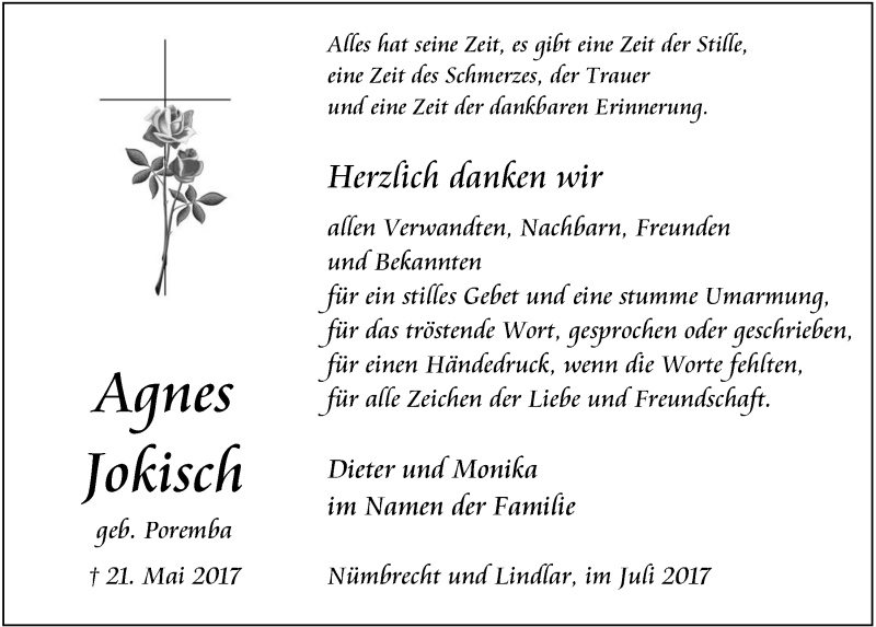  Traueranzeige für Agnes Jokisch vom 26.07.2017 aus  Anzeigen Echo 