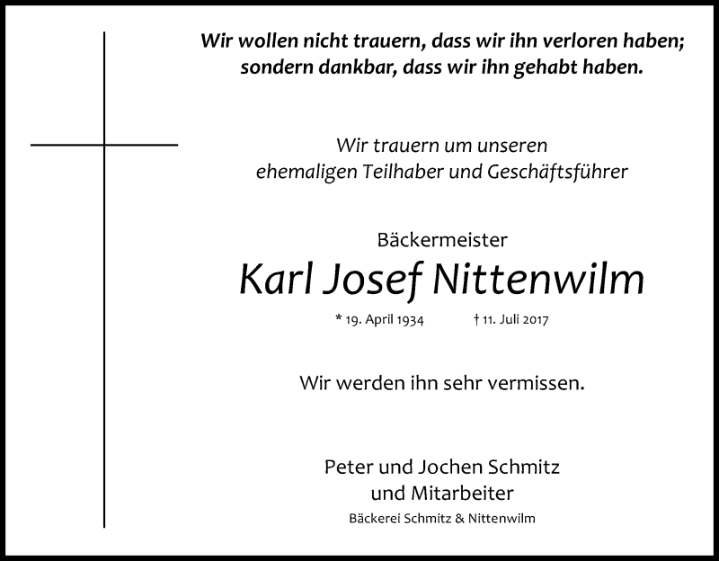  Traueranzeige für Karl Josef Nittenwilm vom 15.07.2017 aus Kölner Stadt-Anzeiger / Kölnische Rundschau / Express