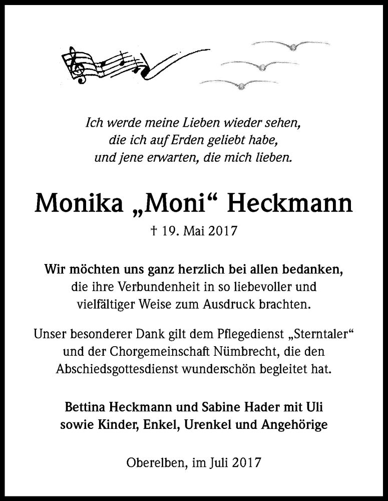  Traueranzeige für Monika Heckmann vom 12.07.2017 aus Kölner Stadt-Anzeiger / Kölnische Rundschau / Express