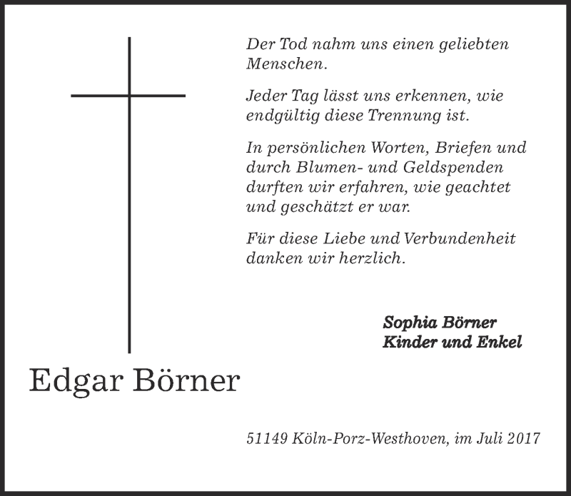  Traueranzeige für Edgar Börner vom 12.07.2017 aus  Kölner Wochenspiegel 