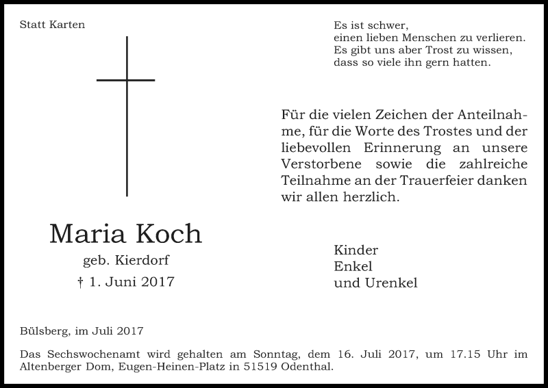  Traueranzeige für Maria Koch vom 06.07.2017 aus Kölner Stadt-Anzeiger / Kölnische Rundschau / Express