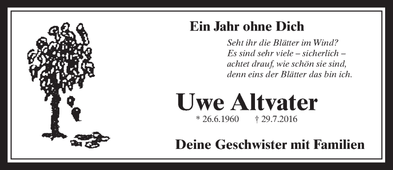  Traueranzeige für Uwe Altvater vom 26.07.2017 aus  Werbepost 