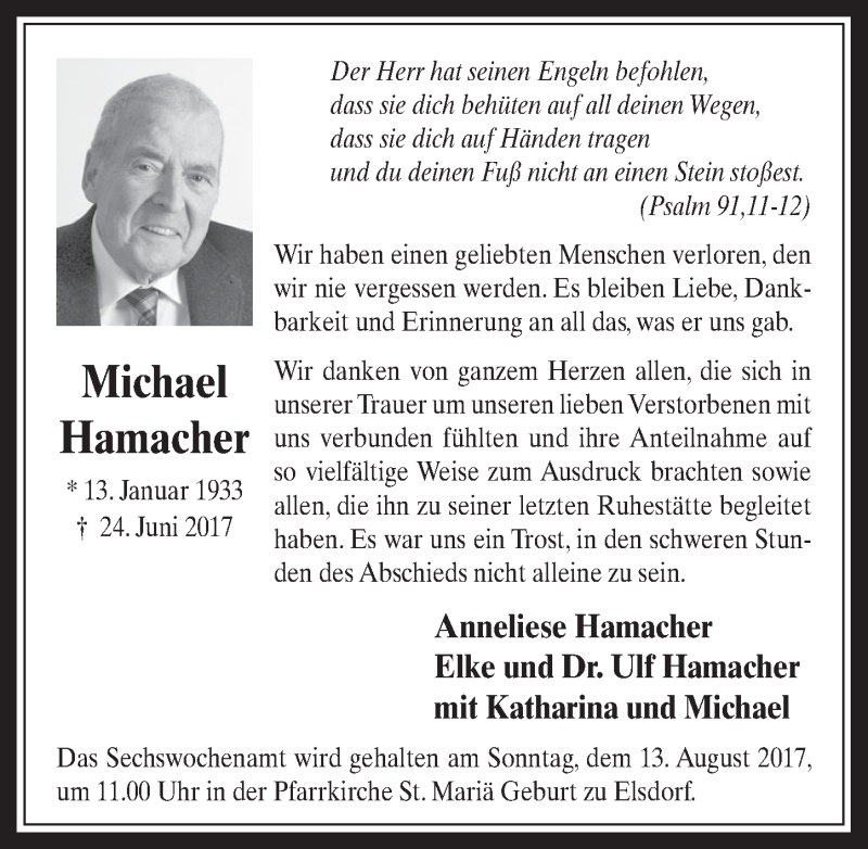  Traueranzeige für Michael Hamacher vom 26.07.2017 aus  Werbepost 