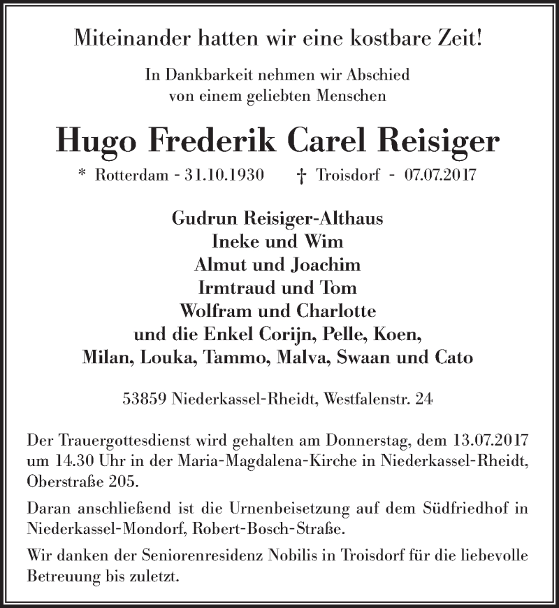  Traueranzeige für Hugo Frederik Carel Reisiger vom 12.07.2017 aus  Extra Blatt 