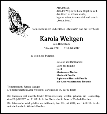 Anzeige von Karola Weltgen von Kölner Stadt-Anzeiger / Kölnische Rundschau / Express