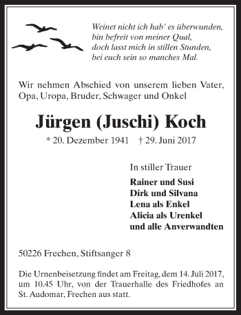 Anzeige von Jürgen Koch von  Wochenende 