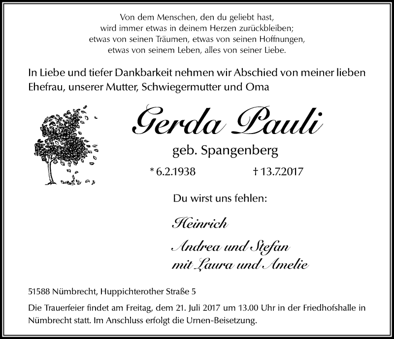  Traueranzeige für Gerda Pauli vom 19.07.2017 aus  Lokalanzeiger 