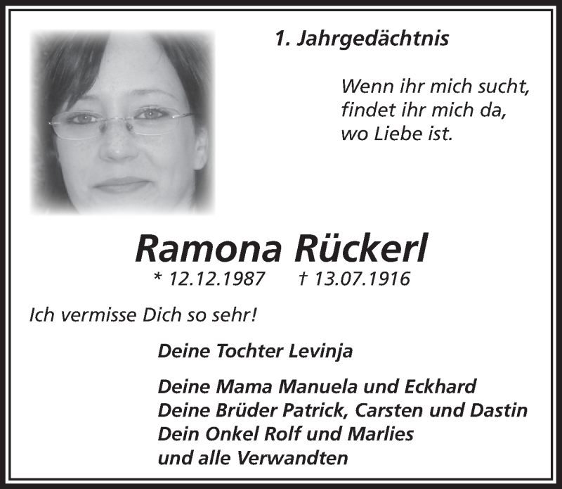  Traueranzeige für Ramona Rückerl vom 12.07.2017 aus  Extra Blatt 