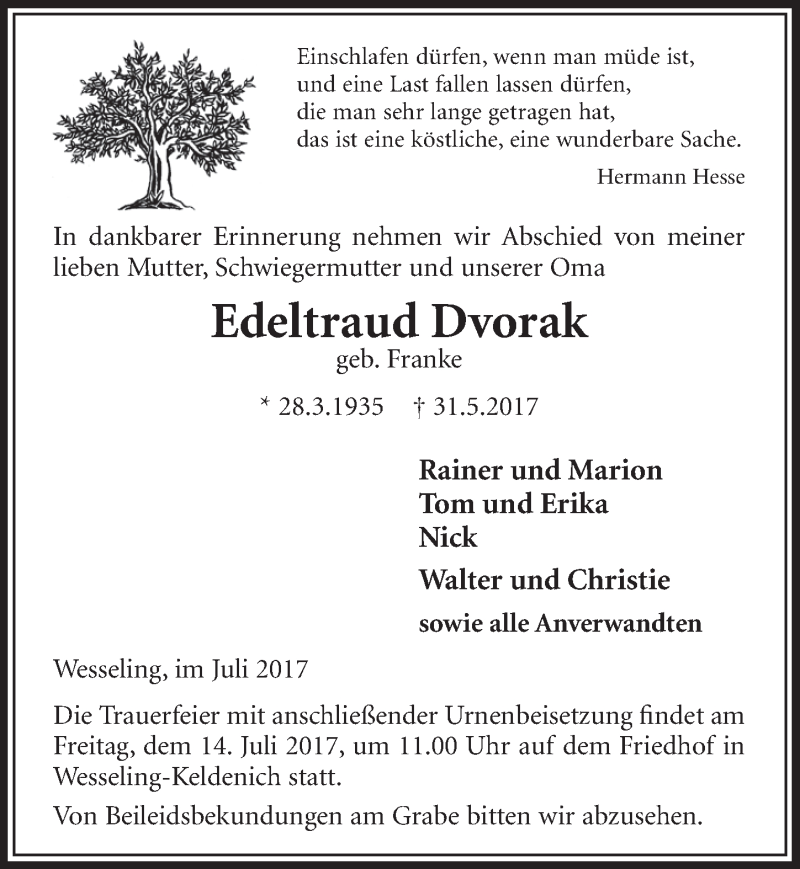  Traueranzeige für Edeltraud Dvorak vom 05.07.2017 aus  Schlossbote/Werbekurier 