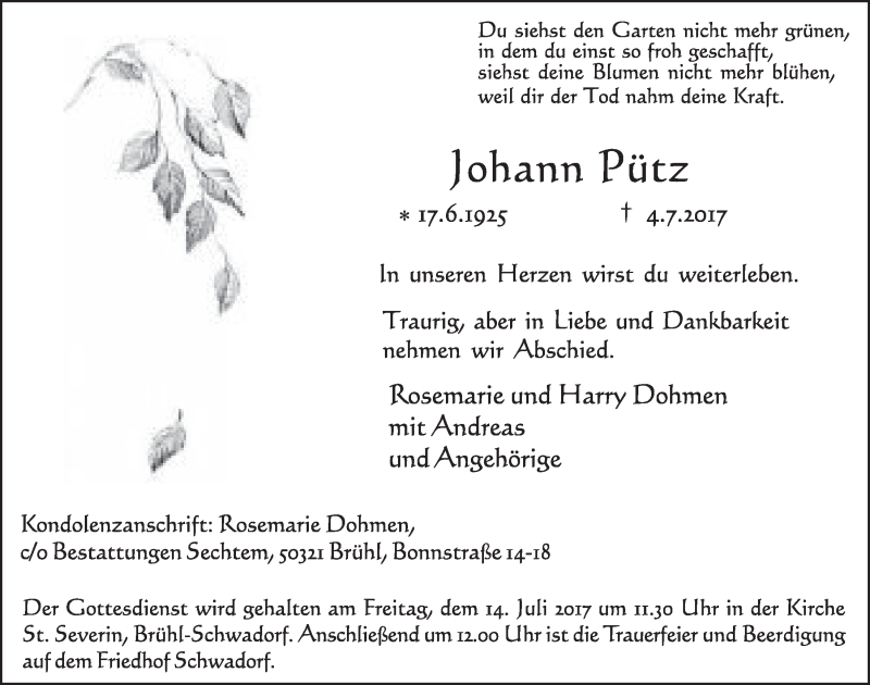  Traueranzeige für Johann Pütz vom 12.07.2017 aus  Schlossbote/Werbekurier 