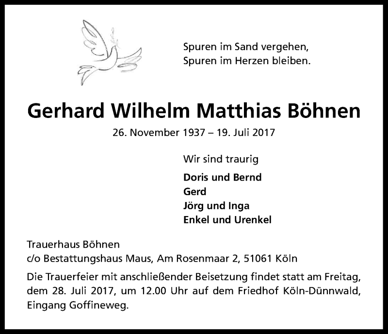  Traueranzeige für Gerhard Wilhelm Matthias Böhnen vom 22.07.2017 aus Kölner Stadt-Anzeiger / Kölnische Rundschau / Express