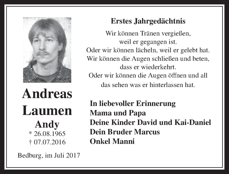  Traueranzeige für Andreas Laumen vom 05.07.2017 aus  Werbepost 