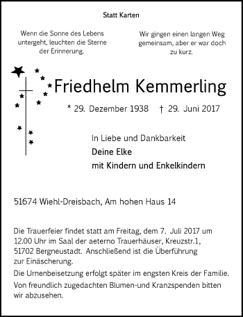 Anzeige von Friedhelm Kemmerling von  Anzeigen Echo 