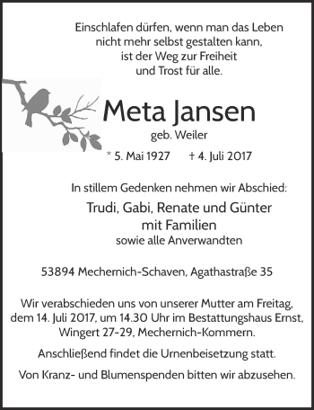 Anzeige von Meta Jansen von  Blickpunkt Euskirchen 