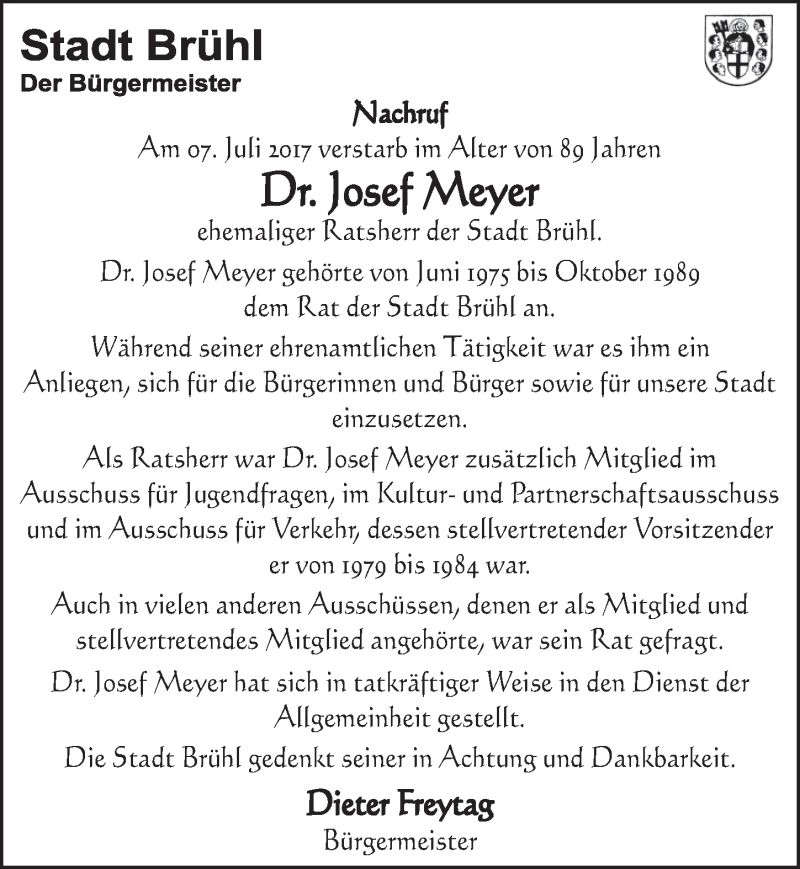  Traueranzeige für Josef Meyer vom 19.07.2017 aus  Schlossbote/Werbekurier 