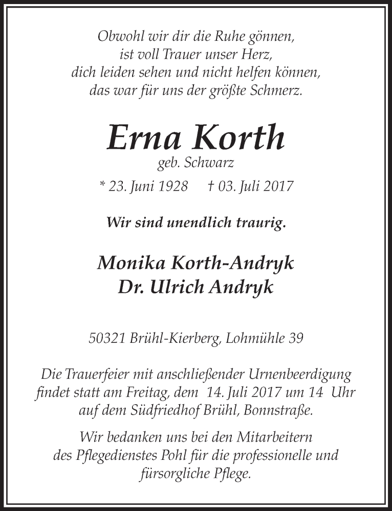  Traueranzeige für Erna Korth vom 12.07.2017 aus  Schlossbote/Werbekurier 