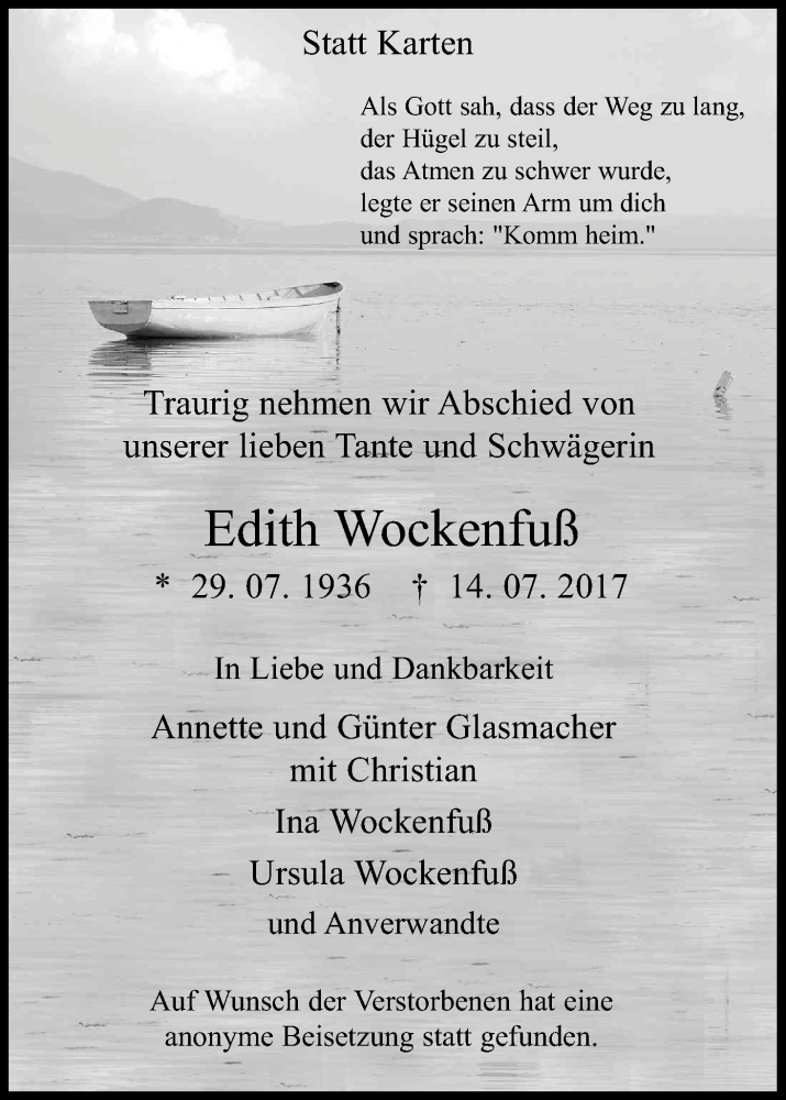 Traueranzeige für Edith Wockenfuß vom 22.07.2017 aus Kölner Stadt-Anzeiger / Kölnische Rundschau / Express