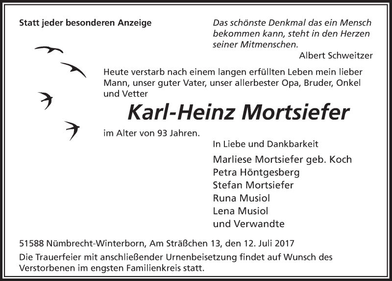 Traueranzeige für Karl-Heinz Mortsiefer vom 19.07.2017 aus  Lokalanzeiger 