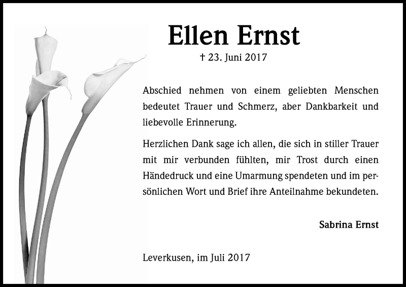 Traueranzeige für Ellen Ernst vom 15.07.2017 aus Kölner Stadt-Anzeiger / Kölnische Rundschau / Express