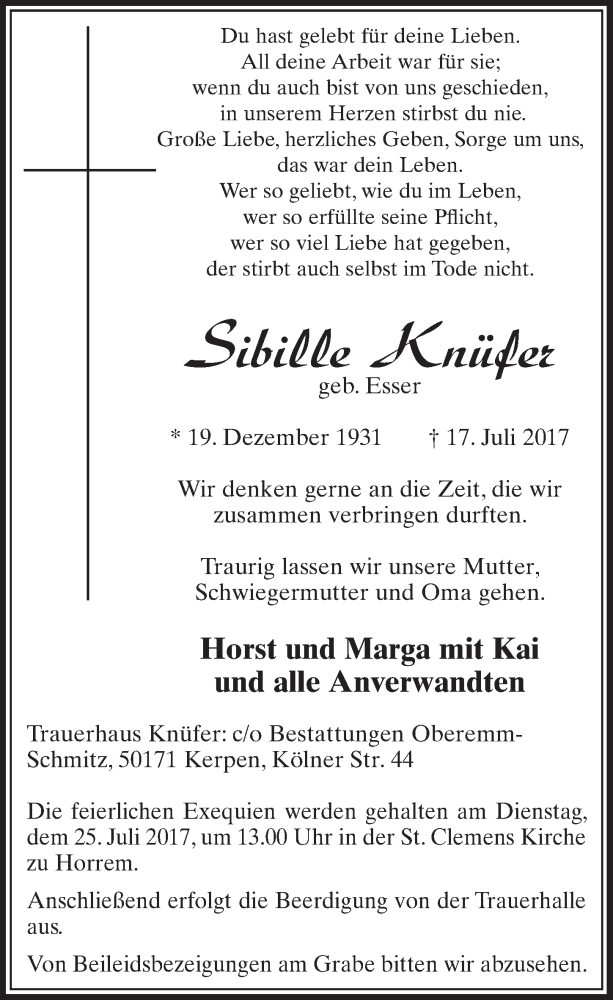  Traueranzeige für Sibille Knüfer vom 22.07.2017 aus  Sonntags-Post 