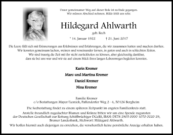 Anzeige von Hildegard Ahlwarth von Kölner Stadt-Anzeiger / Kölnische Rundschau / Express