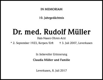 Anzeige von Rudolf Müller von Kölner Stadt-Anzeiger / Kölnische Rundschau / Express