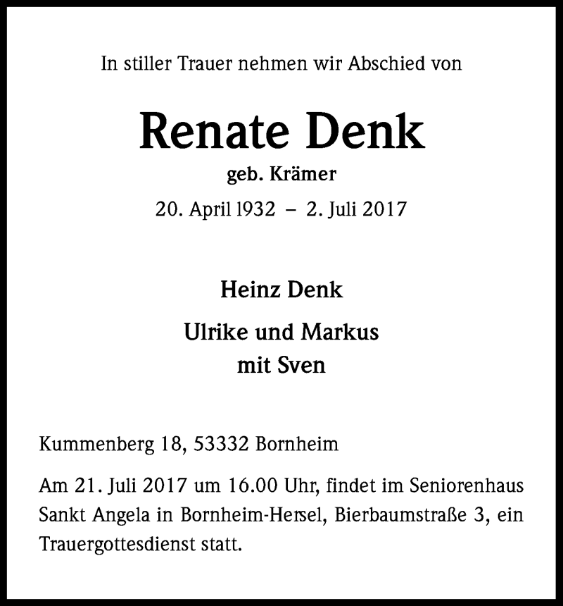  Traueranzeige für Renate Denk vom 08.07.2017 aus Kölner Stadt-Anzeiger / Kölnische Rundschau / Express