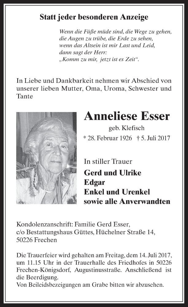  Traueranzeige für Anneliese Esser vom 12.07.2017 aus  Wochenende 