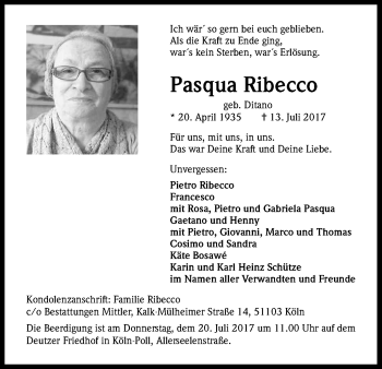 Anzeige von Pasqua Ribecco von Kölner Stadt-Anzeiger / Kölnische Rundschau / Express