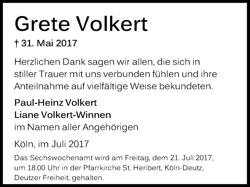  Traueranzeige für Grete Volkert vom 08.07.2017 aus Kölner Stadt-Anzeiger / Kölnische Rundschau / Express