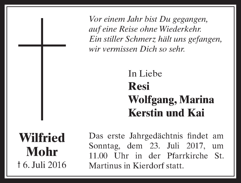  Traueranzeige für Wilfried Mohr vom 19.07.2017 aus  Werbepost 