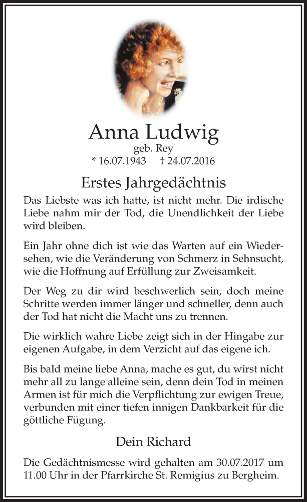  Traueranzeige für Anna Ludwig vom 22.07.2017 aus  Sonntags-Post 