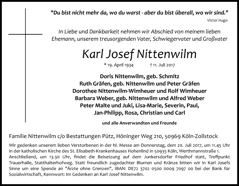  Traueranzeige für Karl Josef Nittenwilm vom 15.07.2017 aus Kölner Stadt-Anzeiger / Kölnische Rundschau / Express