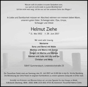 Anzeige von Helmut Ziehe von Kölner Stadt-Anzeiger / Kölnische Rundschau / Express