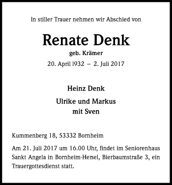 Anzeige von Renate Denk von Kölner Stadt-Anzeiger / Kölnische Rundschau / Express