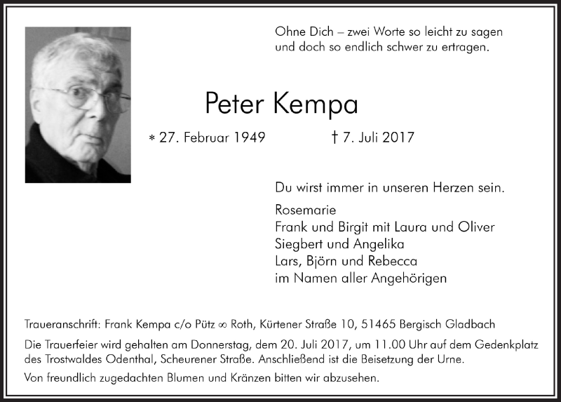  Traueranzeige für Peter Kempa vom 15.07.2017 aus  Bergisches Sonntagsblatt 