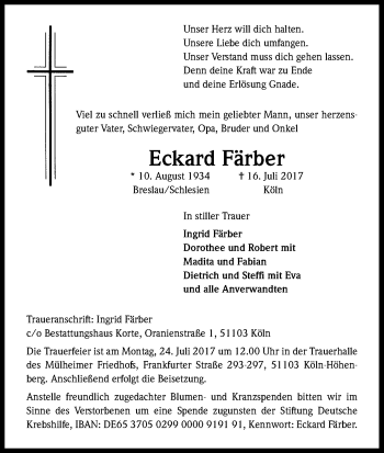 Anzeige von Eckard Färber von Kölner Stadt-Anzeiger / Kölnische Rundschau / Express