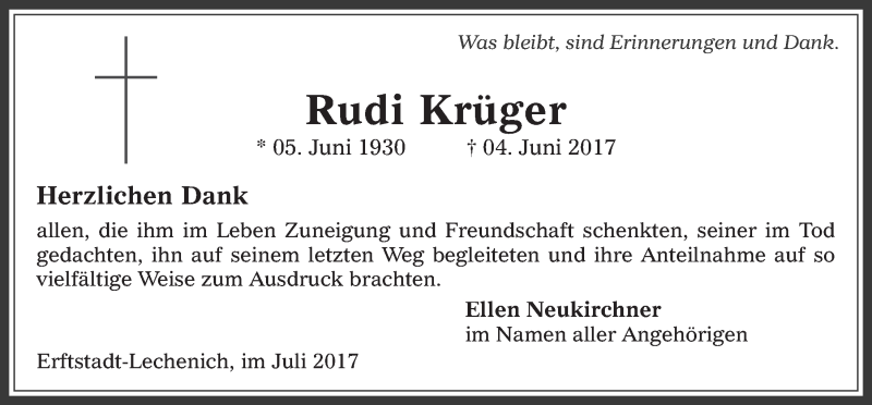  Traueranzeige für Rudi Krüger vom 05.07.2017 aus  Werbepost 