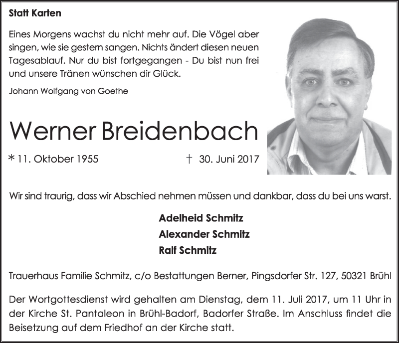  Traueranzeige für Werner Breidenbach vom 05.07.2017 aus  Schlossbote/Werbekurier 