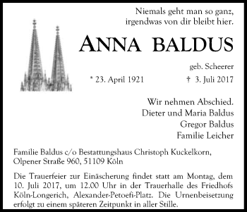 Anzeige von Anna Baldus von Kölner Stadt-Anzeiger / Kölnische Rundschau / Express