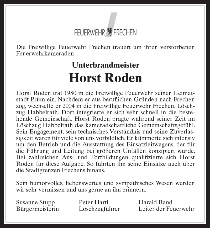  Traueranzeige für Horst Roden vom 12.07.2017 aus  Wochenende 