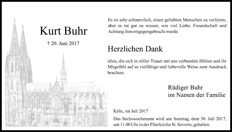  Traueranzeige für Kurt Buhr vom 22.07.2017 aus Kölner Stadt-Anzeiger / Kölnische Rundschau / Express