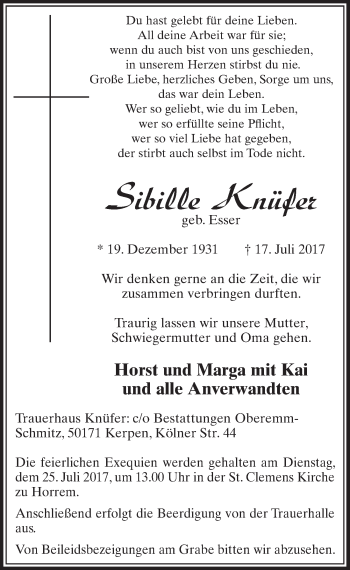 Anzeige von Sibille Knüfer von  Sonntags-Post 