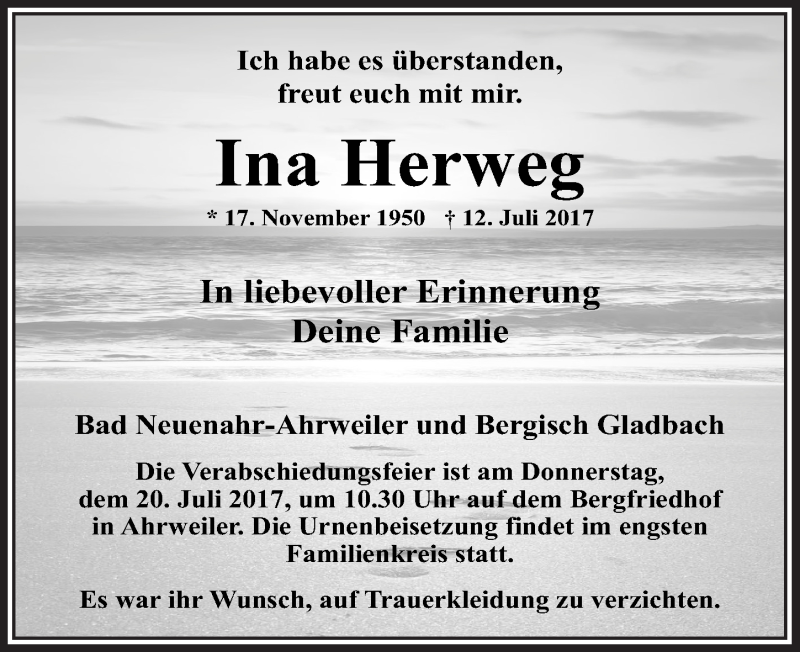  Traueranzeige für Ina Herweg vom 19.07.2017 aus  Bergisches Handelsblatt 