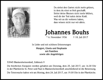 Anzeige von Johannes Bouhs von Kölner Stadt-Anzeiger / Kölnische Rundschau / Express