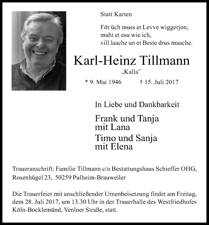  Traueranzeige für Karl-Heinz Tillmann vom 22.07.2017 aus Kölner Stadt-Anzeiger / Kölnische Rundschau / Express