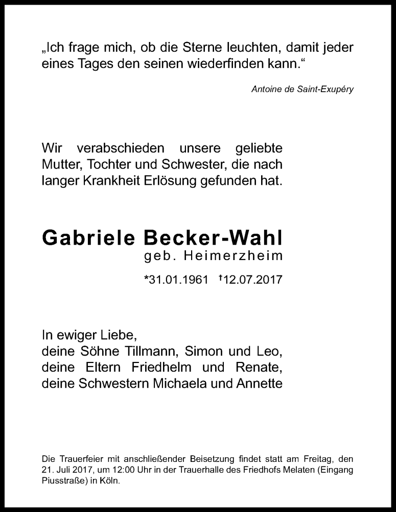  Traueranzeige für Gabriele Becker-Wahl vom 20.07.2017 aus Kölner Stadt-Anzeiger / Kölnische Rundschau / Express