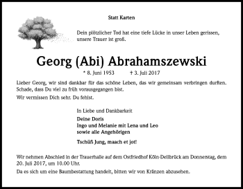 Anzeige von Georg Abi Abrahamszewski von Kölner Stadt-Anzeiger / Kölnische Rundschau / Express