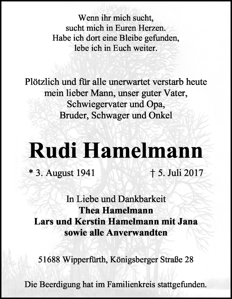 Traueranzeige für Rudi Hamelmann vom 15.07.2017 aus Kölner Stadt-Anzeiger / Kölnische Rundschau / Express